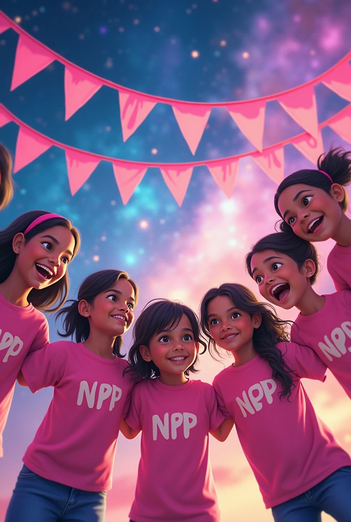 Word "Npp WIN" Sri Lankan girls and boys with NPP printed pink color t shirt, pink color 5 bunting strips in universe
