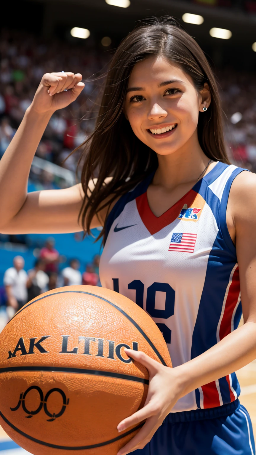 A charismatic female basketball player standing on the court after winning an Olympic game. She's grinning broadly, her face flushed with joy and excitement. She's holding a basketball under one arm, her other arm raised in triumph. Her athletic body is still glistening with sweat from the intense match. She wears a slightly disheveled national team uniform in bold colors. The background shows a celebratory scene with teammates hugging, confetti falling, and ecstatic fans in the stands. Olympic flags and banners are visible in the arena. Photorealistic style, sharp focus on the athlete's beaming face and upper body. The lighting is bright and festive, highlighting her victorious pose and radiant smile. 8k resolution, highly detailed, capturing every nuance of her post-game elation and the electric atmosphere of the moment.