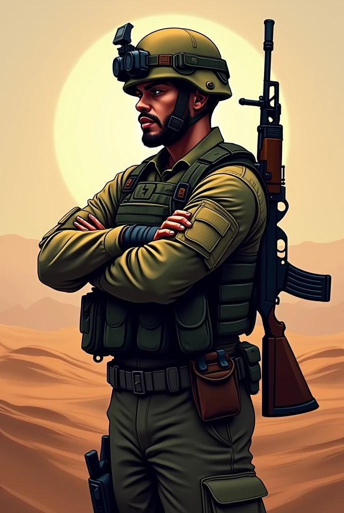 Logo of a YouTube gaming channel featuring a Brazilian Army soldier with his arms crossed, profile facing right from the waist up, with an AK47 hanging on his back and the inscription Cascata Neves, the background in the Siaí desert