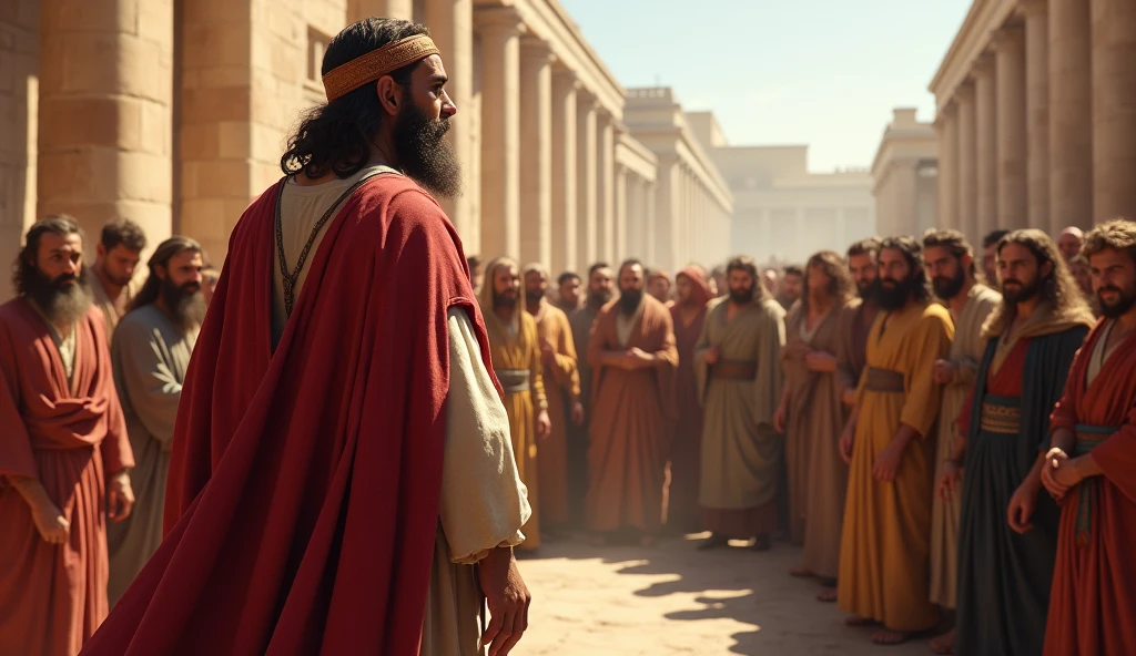 A vibrant and historical scene of the first sermon by the apostle Peter in Jerusalem, as described in the Book of Acts. Peter stands before an attentive crowd, with expressions of surprise and curiosity. The setting is a bustling street in ancient Jerusalem, With typical buildings and columns of the time. Peter is dressed in traditional Jewish clothing and speaks with fervor, as the crowd listens to him with great interest. The image should capture the intensity and impact of the moment, with a focus on the emotional connection between Peter and the listeners."