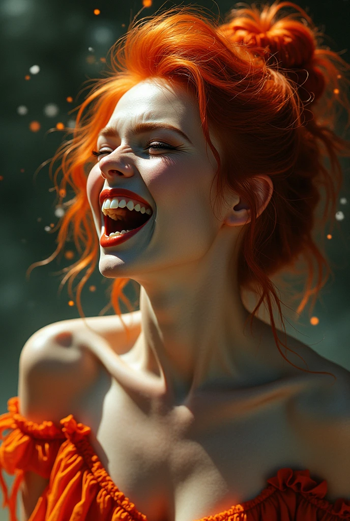 highly detailed, 8k, masterpiece, 1 woman, Red bundle_hair, dress , crazy_laugh, (Perfect_face), detailed_background, saturated_body, flower,(beautiful lighting:1.3), falsetto, dynamic lighting, ~at_Under