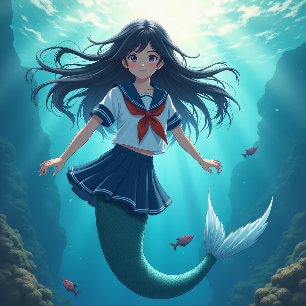 A mermaid with voluminous black hair and a beautiful tail wearing a sailor school uniform.、Swimming gracefully through the sea。