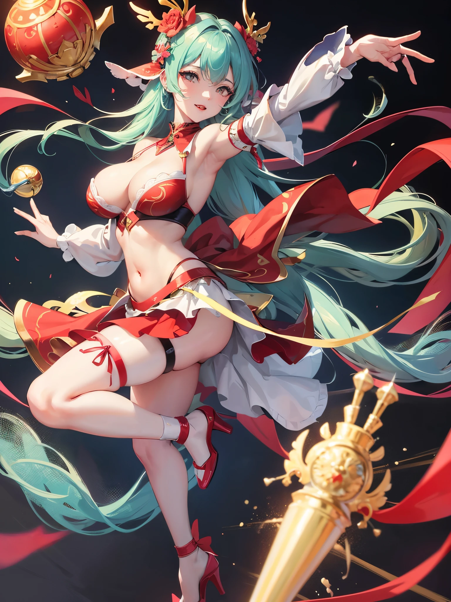 High definition、Highest quality、Skin like in the picture、Flowing hair texture、Red lips、G-cup bust、Smiling Beauty、Blue or red two-piece summer outfit、At the Gion Festival、Colorful garter belts and fishnet stockings、A woman being covered in a large amount of milky liquid、vibrator、Navel exposed、Short skirt、T-back shorts、whole body、Beautiful woman in standing pose、Thighs、Cleavage、stiletto heels、Nice body、