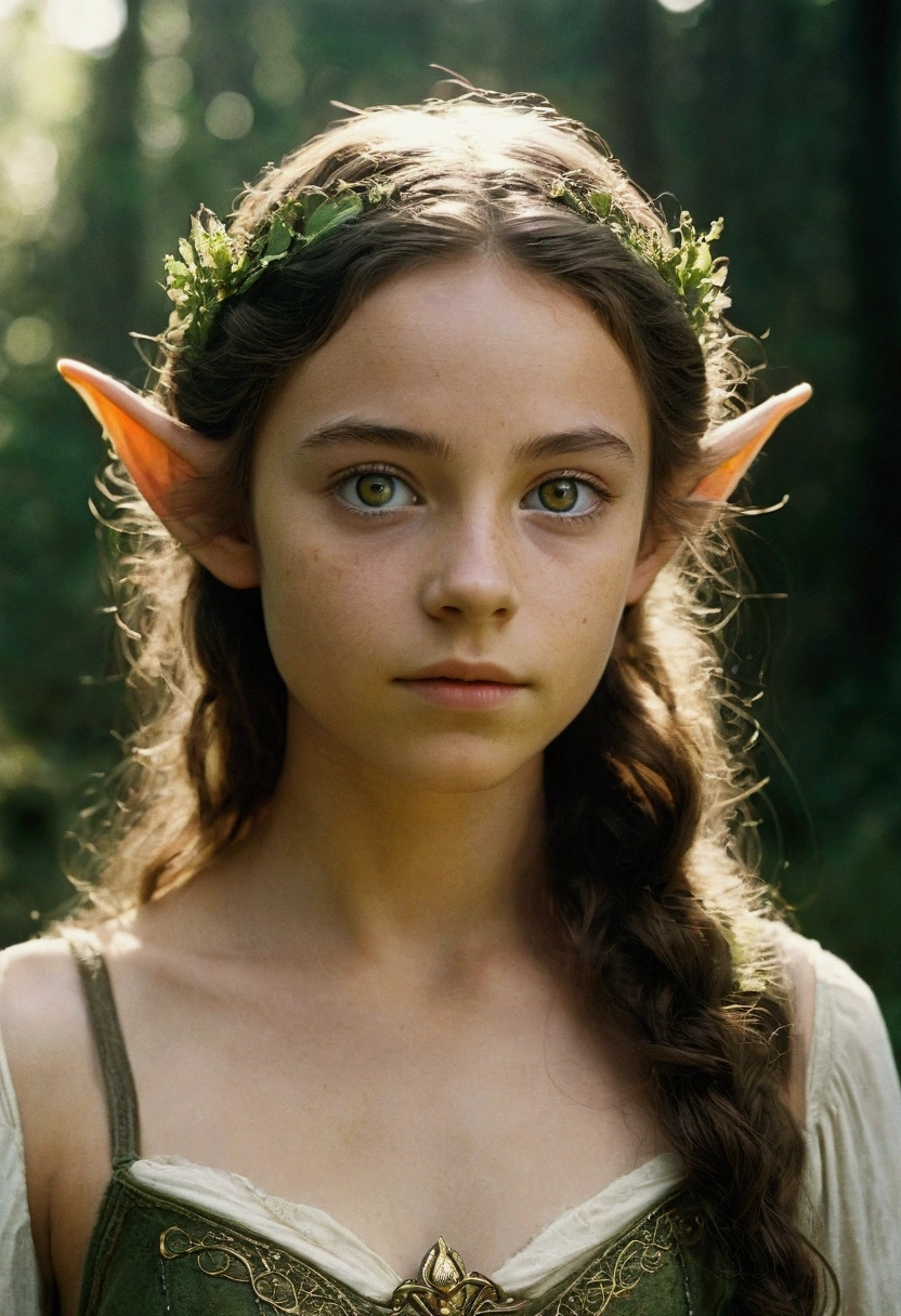 analog film photo, photo of a young elven girl, 18 years old, elf ears, amber eyes, dark brown hair, long messy waves, sun-tanned complexion, olive skintone, slender hourglass figure, narrow waist, full hips, plump buttocks, wearing elven lingerie, resembles Mackenzie Foy, strolling through a fantasy landscape, RAW Photograph, dslr, soft lighting, high quality, film grain, Fujifilm XT3, detailed skin with visible pores, insane details, masterpiece, 8k, 35mm photograph, dslr, kodachrome, faded film, desaturated, grainy, vintage, Lomography, stained, highly detailed, found footage, close-up shot, elven ears