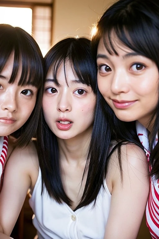 Three beautiful and cute Japanese schoolgirls get naked and caress a middle-aged man、Ecstasy face、Orgasm expression、