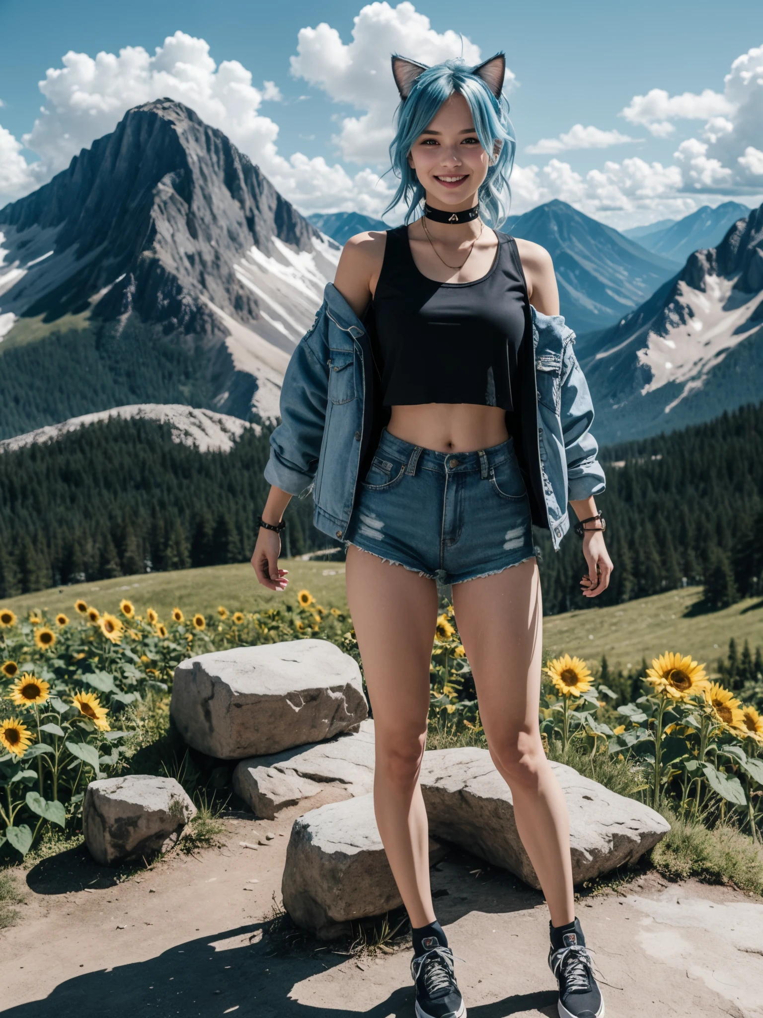 cat girl on mountain, BREAK, 1girl, catgirl, full body, standing, both hand rises, clenching fist, tank top, thighs, sporty highleg design, cat ears, long hair, (messy hair:1.2), fluffy tail, lush mountain range, blue sky, short shorts, sneakers, open jacket, watch, bracelet, spiky embellishment choker, detailed face, (looking at viewer:1.2), smile, clouds, natural light, (masterpiece, highest quality, disheveled hair, super detailed, fashonable), fashion model, simple background, delicate, beautiful, vibrant, sunflower, ponytail, light blue hair, bangs, hair ring, best lighting, best shadow,