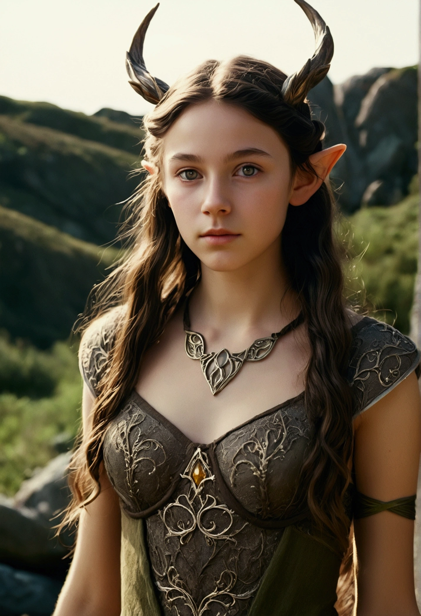 analog film photo, photo of a young elven girl, 18 years old, elf ears, amber eyes, dark brown hair, long messy waves, sun-tanned complexion, olive skintone, slender hourglass figure, narrow waist, full hips, plump buttocks, wearing elven lingerie, resembles Mackenzie Foy, strolling through a fantasy landscape, RAW Photograph, dslr, soft lighting, high quality, film grain, Fujifilm XT3, detailed skin with visible pores, insane details, masterpiece, 8k, 35mm photograph, dslr, kodachrome, faded film, desaturated, grainy, vintage, Lomography, stained, highly detailed, found footage, close-up shot, elven ears
