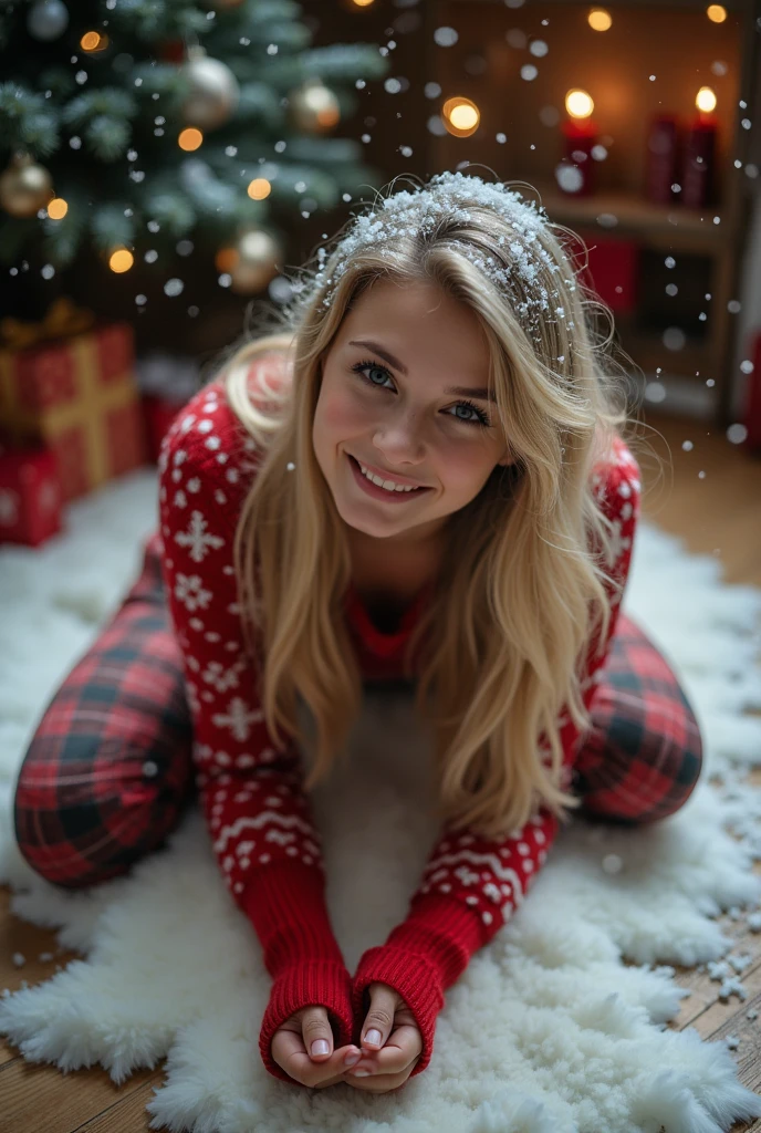 22 year old blonde woman, wearing a christmas sweater, wearing christmas yoga pants, bending over, snow, christmas tree, close up photo, bending over completely, laying on the floor, view from behind, picture taken from above and behind