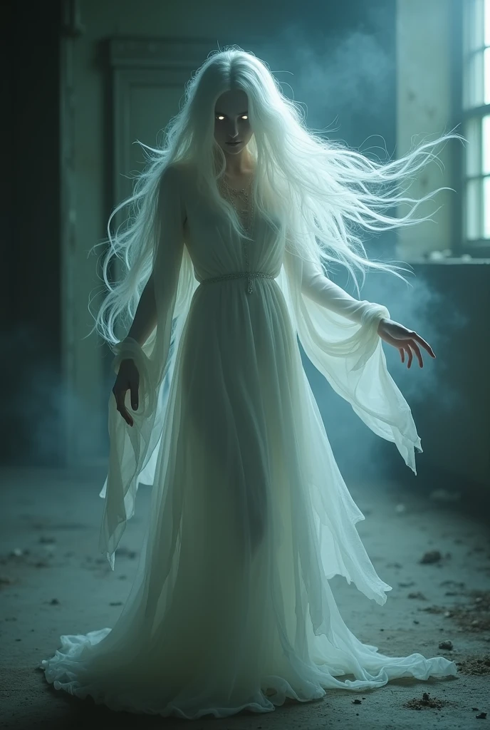 Create a 3D image of a hauntingly beautiful female ghost. She appears ethereal and translucent, with long, flowing white hair that seems to float around her as if caught in a gentle breeze. Her eyes are glowing softly, conveying both sadness and mystery. She wears a tattered, flowing dress that drapes around her form, giving her a timeless, spectral appearance. The edges of her form fade into mist, blending with the eerie, fog-filled surroundings of an abandoned, decaying mansion. The lighting is dim, with a pale, ghostly glow illuminating her figure, adding to the otherworldly atmosphere.