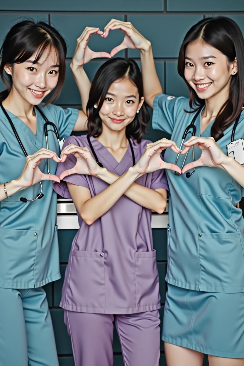 photograph, cowboy shot, three women with hands together making heart shape, smiling beautiful Japanese female nurses wearing nurse uniform, hourglass figure, beautiful detailed face, black hair, pale skin, fair skin, realistic skin, detailed cloth texture, detailed hair texture, Perfect proportion, Anatomically correct, Highly detailed face and skin texture, private modern hospital room, looking at viewer, asian face , perfect anatomy, realistic