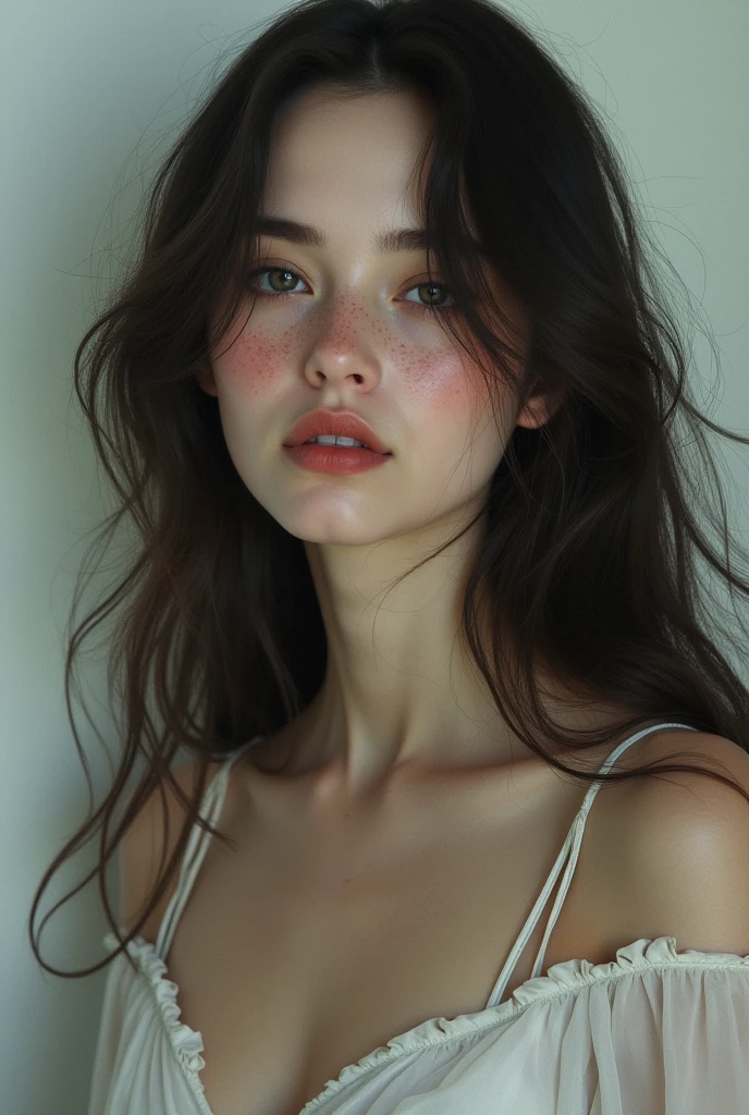 Woman with long hair, a few freckles on her face, sleepy eyes and an intense gaze.