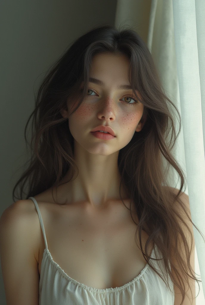Woman with long hair, a few freckles on her face, sleepy eyes and an intense gaze.