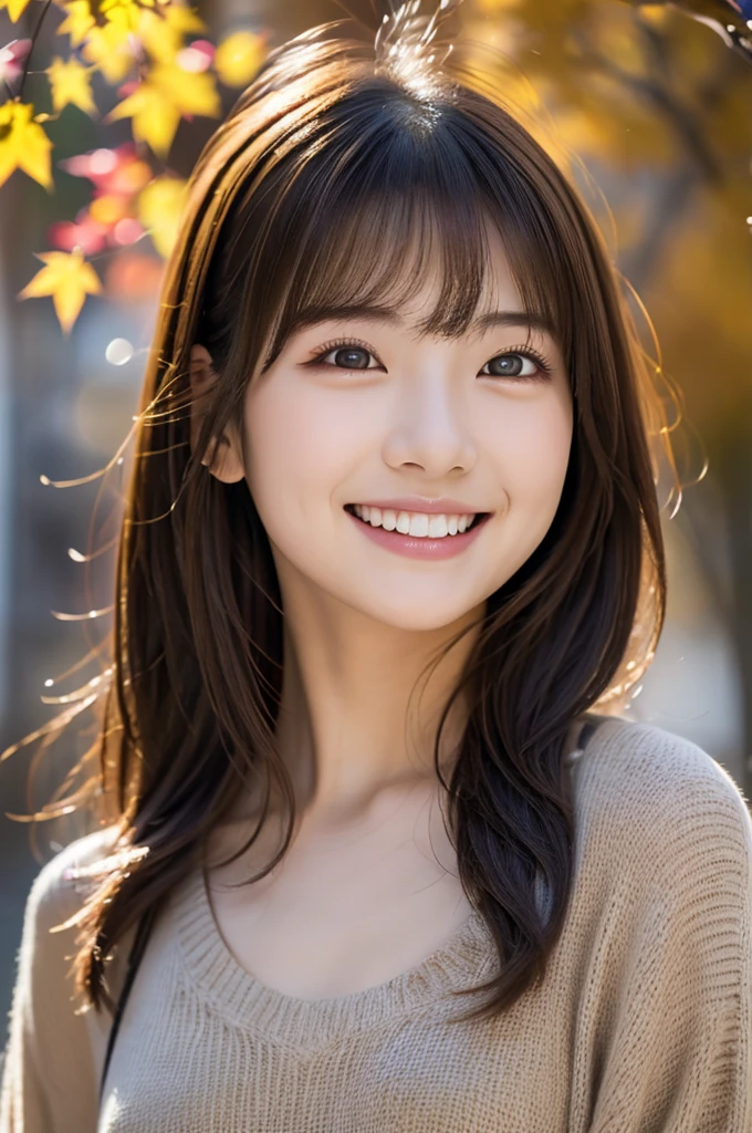Image resolution 8K、Representative works:1.3)、Beauty、1 female、(魅力的なbody:1)、abdomen:1.1、Dark Brown Hair:1.1、(body:1)、Super detailed facial features、Attractive lips、double eyelid、Wearing a fashionable and stylish V-neck shirt、Super realistic and super cute details、Japanese women、10th generation(18-year-old)、Adorable smile with a smile、Hair blowing in the wind、color々Hair style、Portrait in the studio、Maple leaves are turning red in the autumn season.、