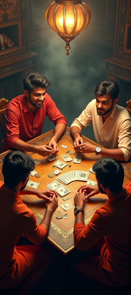 A slightly overhead shot,(best quality, high resolution, HDR, Practical), Bright colors, Extremely detailed description, (Concept Artist), Four young Indian men and women play a card game together,Dramatic visuals,They communicated with exaggerated gestures.,Looking at the audience,an antique Indian wooden table,Paper money coins chips,vintage poker coins, Smoky room, Dim Lights, Happy expression, Happy smile,(portrait:1.1) ,