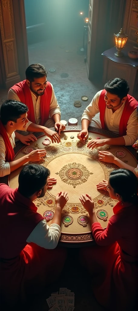 A slightly overhead shot,(best quality, high resolution, HDR, Practical), Bright colors, Extremely detailed description, (Concept Artist), Four young Indian men and women play a card game together,Dramatic visuals,They communicated with exaggerated gestures.,Looking at the audience,an antique Indian wooden table,Paper money coins chips,vintage poker coins, Smoky room, Dim Lights, Happy expression, Happy smile,(portrait:1.1) ,