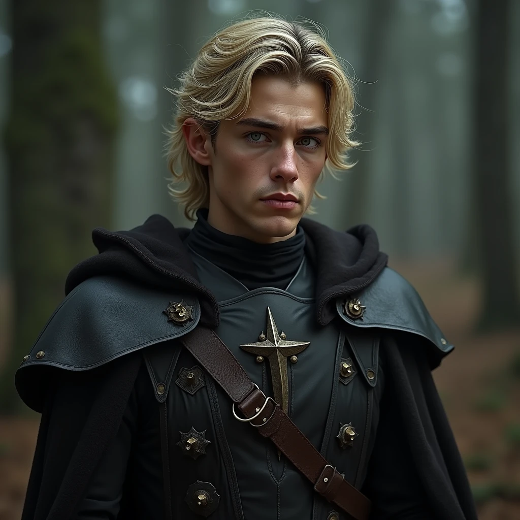 Make the IMAGE MORE REALISTIC of fantasy style VERY REALISTIC of a very handsome ELF , stark, Caucasian skin, short wavy DARK BLOND hair, black eyes with war clothes THAT SHOW A LITTLE OF THE CHEST