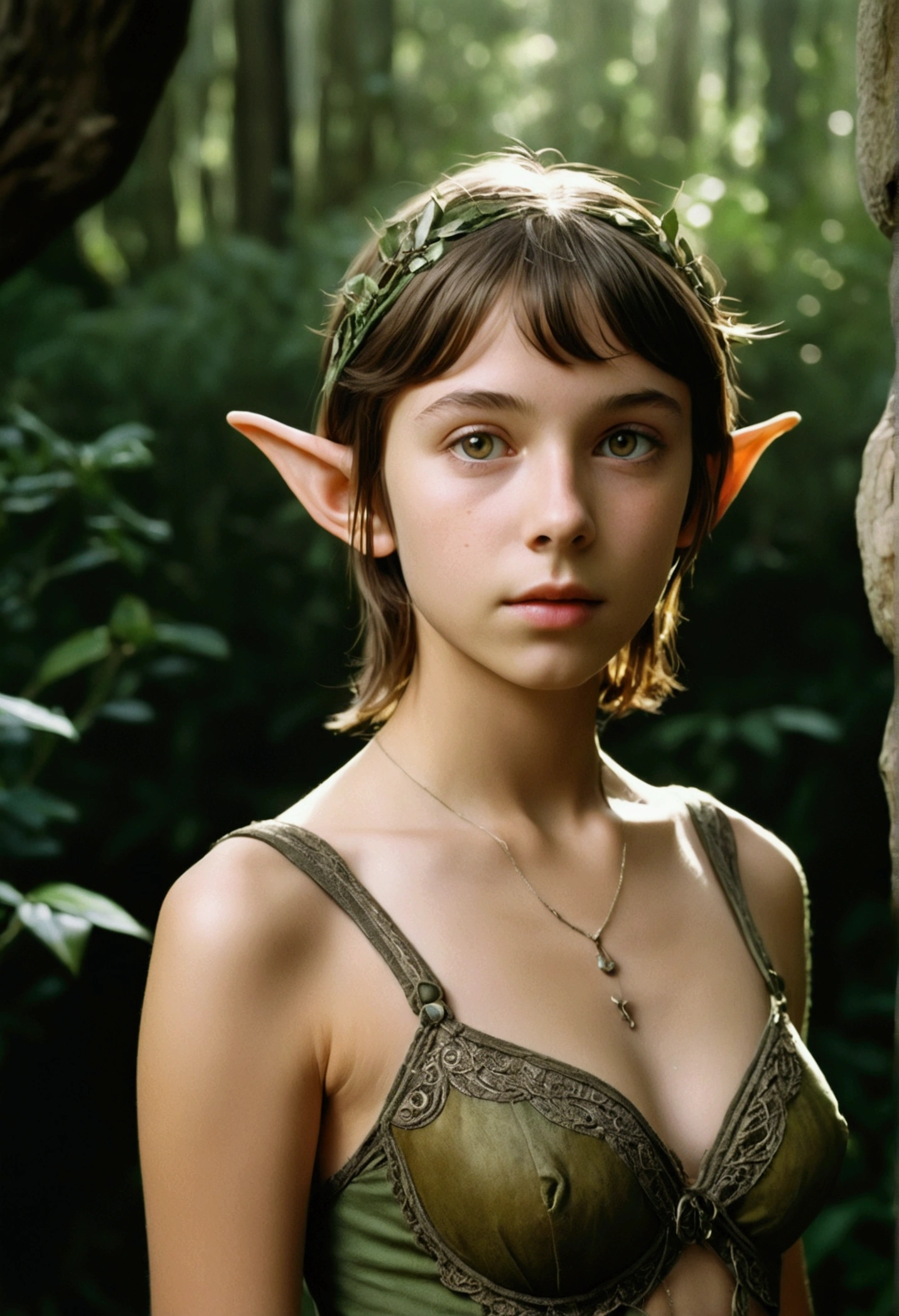 analog film photo, photo of a young elven girl, 18 years old, elf ears, amber eyes, dark brown hair, shaggy bob cut, sun-tanned complexion, olive skintone, slender hourglass figure, narrow waist, full hips, plump buttocks, wearing elven lingerie, resembles Mackenzie Foy, strolling through a fantasy landscape, RAW Photograph, dslr, soft lighting, high quality, film grain, Fujifilm XT3, detailed skin with visible pores, insane details, masterpiece, 8k, 35mm photograph, dslr, kodachrome, faded film, desaturated, grainy, vintage, Lomography, stained, highly detailed, found footage, close-up shot, elven ears
