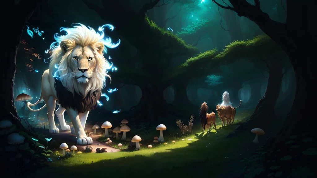 there is a lion walking through a forest with mushrooms, realistic fantasy illustration, fantasy digital art 2d, magical conceptual art, Fantasy art Behance, fantasy illustrations, fantasy digital painting, epic fantasy digital art style, fantasy illustration, detailed fantasy digital art 2d, beautiful digital art, digital art fantasy art, fantasy digital art, detailed fantasy digital art, digital fantasy illustration