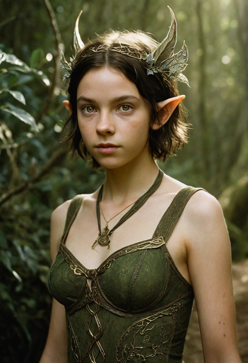 analog film photo, photo of a young elven girl, 18 years old, elf ears, amber eyes, dark brown hair, shaggy bob cut, sun-tanned complexion, olive skintone, slender hourglass figure, narrow waist, full hips, plump buttocks, wearing elven lingerie, resembles Mackenzie Foy, strolling through a fantasy landscape, RAW Photograph, dslr, soft lighting, high quality, film grain, Fujifilm XT3, detailed skin with visible pores, insane details, masterpiece, 8k, 35mm photograph, dslr, kodachrome, faded film, desaturated, grainy, vintage, Lomography, stained, highly detailed, found footage, close-up shot, elven ears