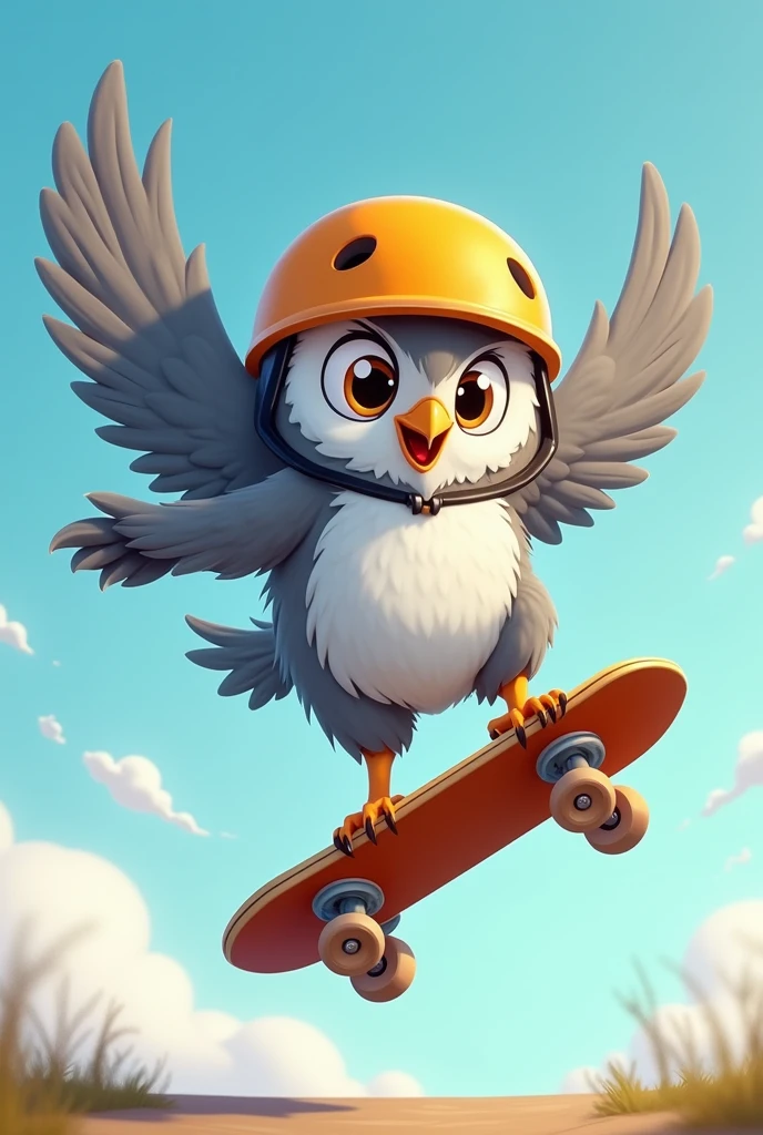Create a cartoon-style image of an gray-furred owl skateboarding. The gray-furred owl should be mid-air, performing a jump on its skateboard. The owl is wearing a helmet for safety, and the scene should capture the dynamic motion of the jump. The overall style should be playful and vibrant, with attention to the owl's expressive features and the colorful skateboard.