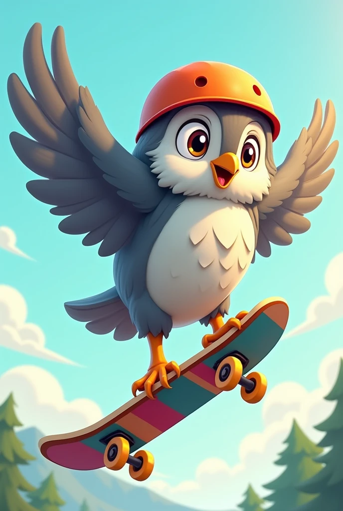 Create a cartoon-style image of an gray-furred owl skateboarding. The gray-furred owl should be mid-air, performing a jump on its skateboard. The owl is wearing a helmet for safety, and the scene should capture the dynamic motion of the jump. The overall style should be playful and vibrant, with attention to the owl's expressive features and the colorful skateboard.