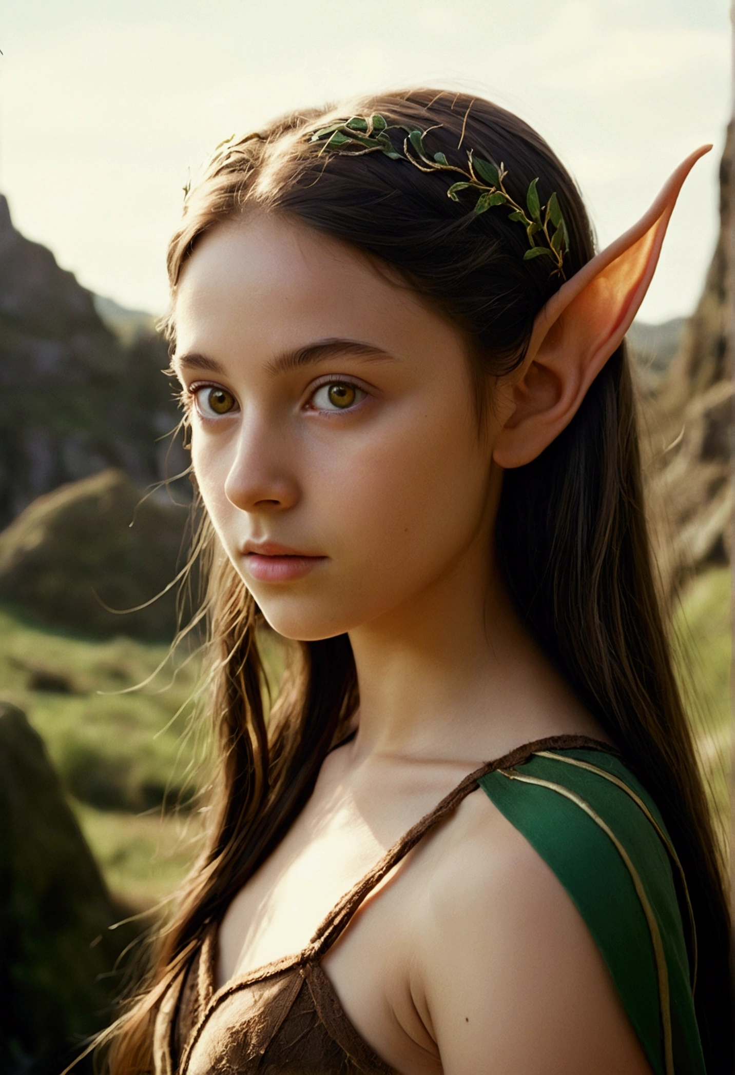 analog film photo, photo of a young elven girl, 18 years old, elf ears, amber eyes, dark brown hair, shaggy bob cut, sun-tanned complexion, olive skintone, slender hourglass figure, narrow waist, full hips, plump buttocks, wearing elven lingerie, resembles Mackenzie Foy, strolling through a fantasy landscape, RAW Photograph, dslr, soft lighting, high quality, film grain, Fujifilm XT3, detailed skin with visible pores, insane details, masterpiece, 8k, 35mm photograph, dslr, kodachrome, faded film, desaturated, grainy, vintage, Lomography, stained, highly detailed, found footage, close-up shot, elven ears
