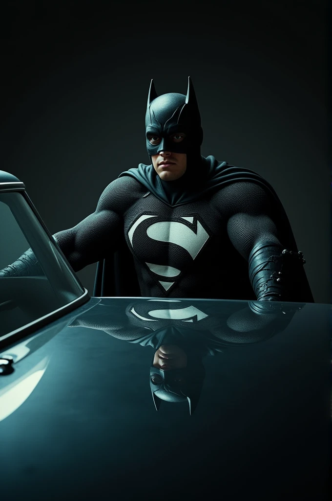 A dark screen, but reflected in a car, a superhero is seen, injured, wearing a black suit with a white 'S' on his chest. He says, 'I am Sida Man, I always come back.' 