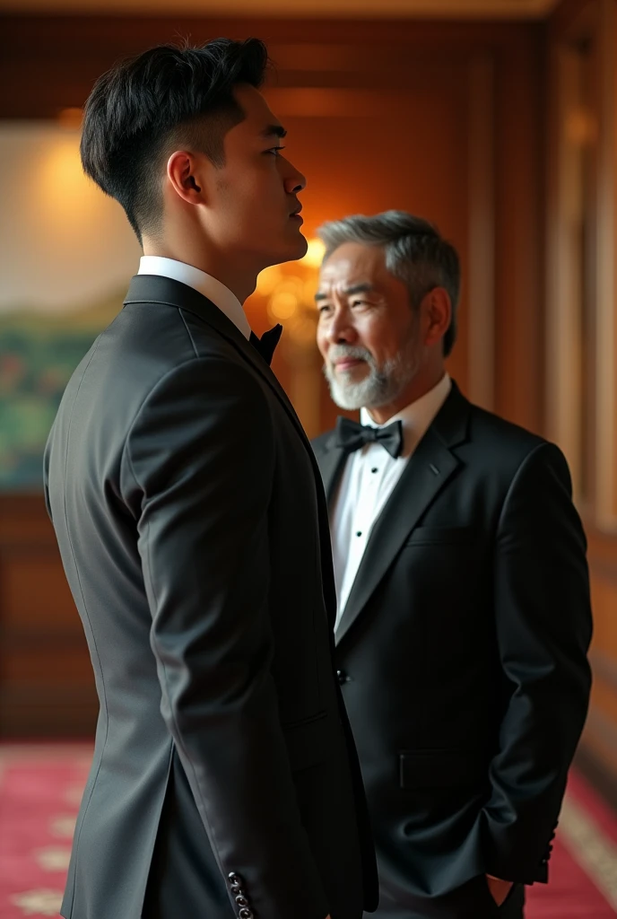 a handsome korean gentleman, 27 years old, groom in formal suit and bow tie, wedding ceremony, provocative and erotic pose, luxurious wedding hall, armpit sweat, Vietnamese scenery, professional attire, handsome and elegant, abstinence sexy, , masculine and handsome, muscular, beautiful looking muscles, white skin, black eyes (1:3 thin eyes), full body photo, erotic face, firm chest, provocative, sexy, intimate with mature vietnamese father-in-law, wearing suit, muscular, 45 years old
