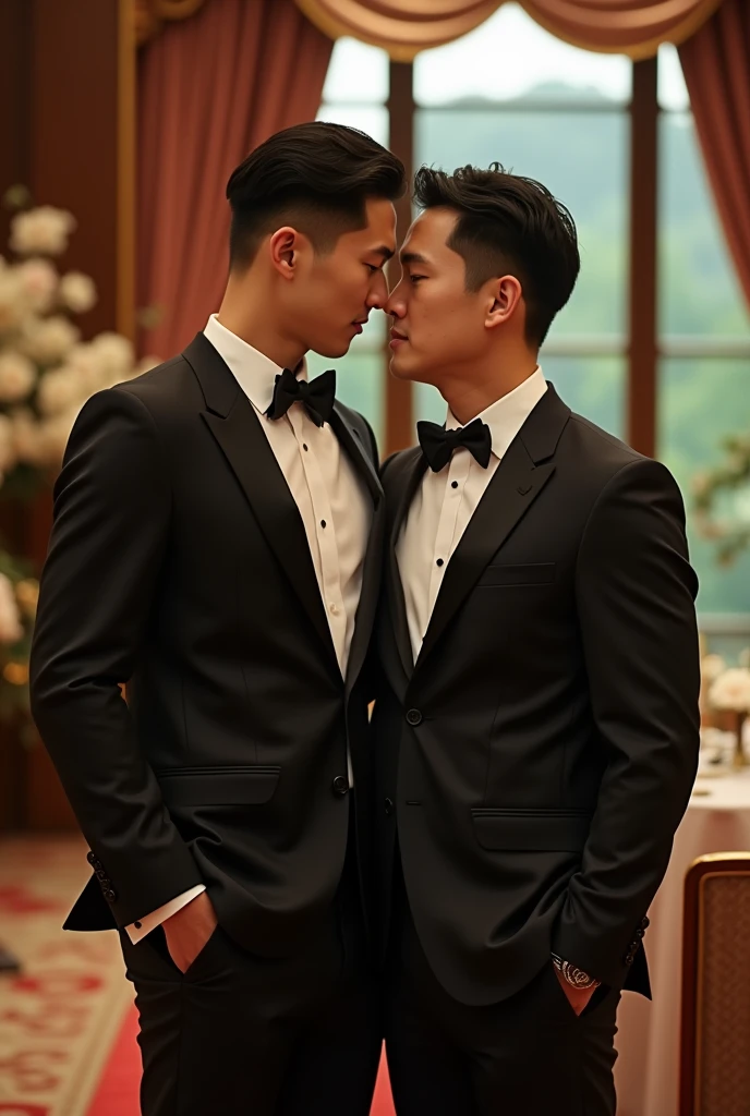 a handsome korean gentleman, 27 years old, groom in formal suit and bow tie, wedding ceremony, provocative and erotic pose, luxurious wedding hall, armpit sweat, Vietnamese scenery, professional attire, handsome and elegant, abstinence sexy, , masculine and handsome, muscular, beautiful looking muscles, white skin, black eyes (1:3 thin eyes), full body photo, erotic face, firm chest, provocative, sexy, intimate with mature vietnamese father-in-law, wearing suit, muscular, 45 years old