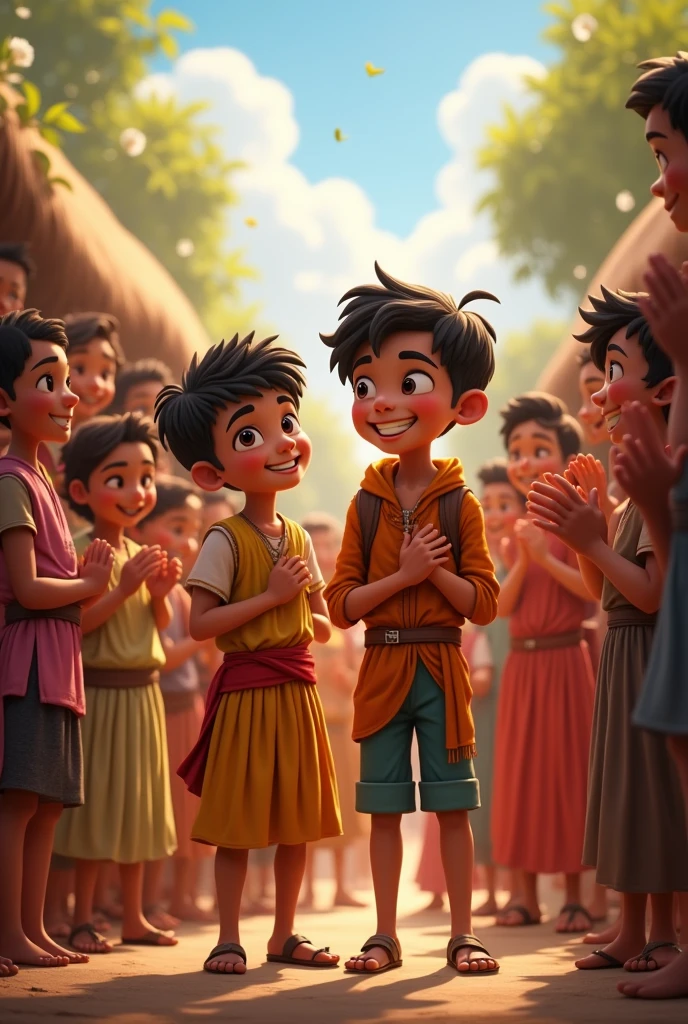 The villagers gathered around छोटू and मोनू, cheering and praising them, with big stamina boy and chotu smiling and accepting the appreciation.