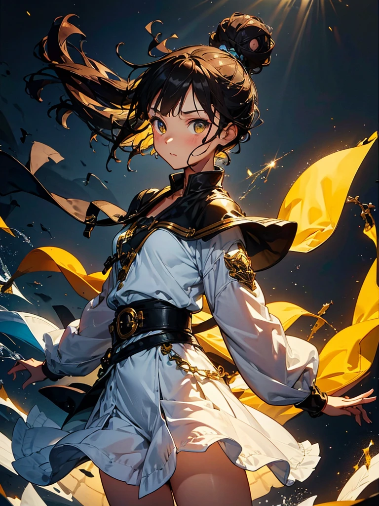 Black Background, Black background with spotlight, fantasy class,Bun Hair,Brown Hair, Cowboy Shot,Looking_in_Audience, White and yellow clothes