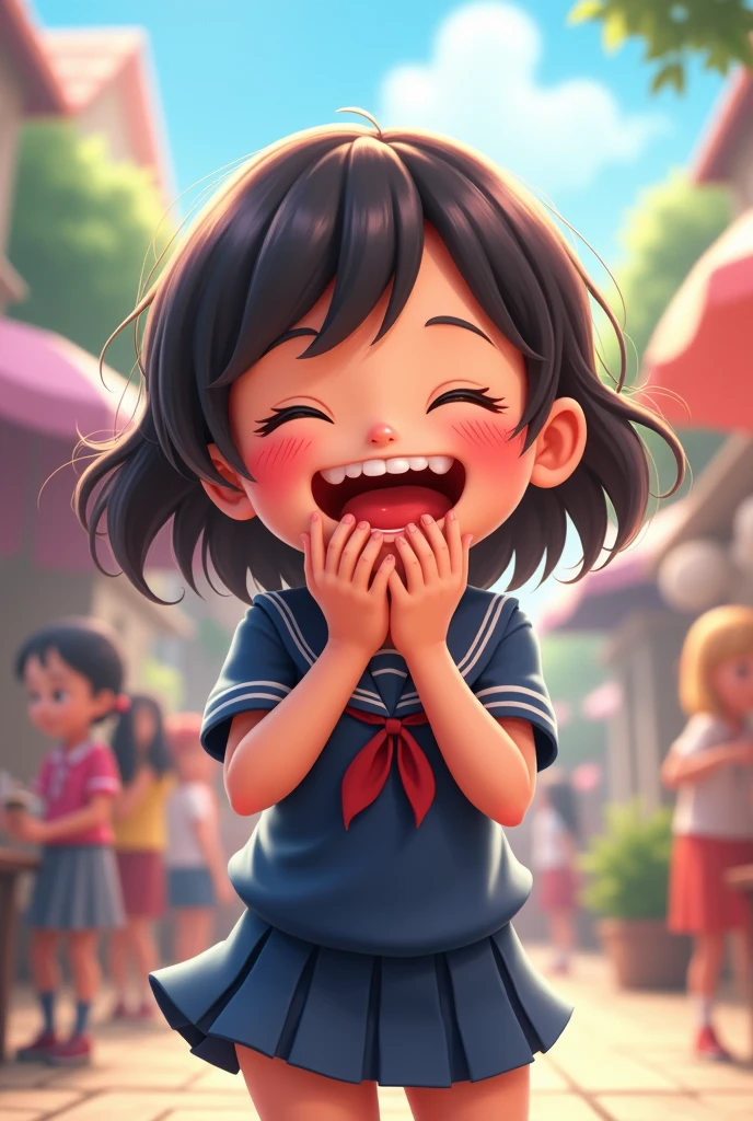 A cartoon girl wearing a dark blue short-sleeved school uniform, dark blue short skirt, laughing loudly, holding her mouth with her hands, the letter 555 is coming out, three-dimensional, looking straight ahead.