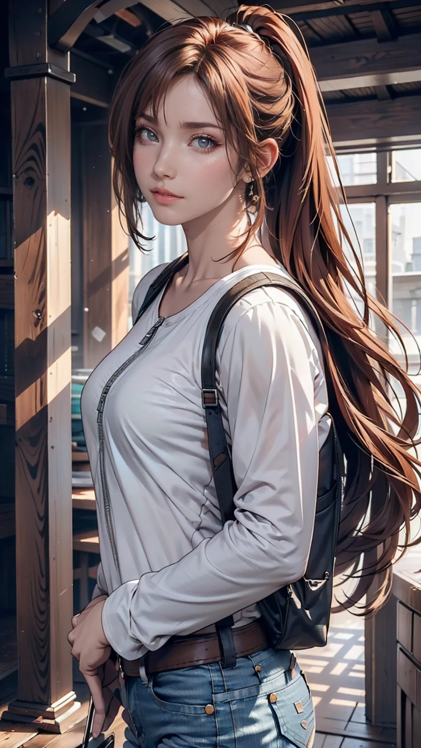 (draw) ((masterpiece, Highest quality)) (Character design sheet, same characters, front, ~ side, return, There are words written all around) Woman with long hair, Redhead with ponytail hairstyle, Brown eyes, Wearing a bulletproof vest, Zippered long sleeve T-shirt, White shirt and jeans, returnpack, Stand and relax