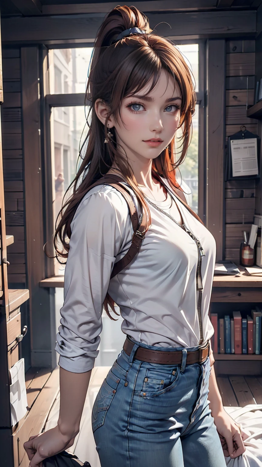 (draw) ((masterpiece, Highest quality)) (Character design sheet, same characters, front, ~ side, return, There are words written all around) Woman with long hair, Redhead with ponytail hairstyle, Brown eyes, Wearing a bulletproof vest, Zippered long sleeve T-shirt, White shirt and jeans, returnpack, Stand and relax