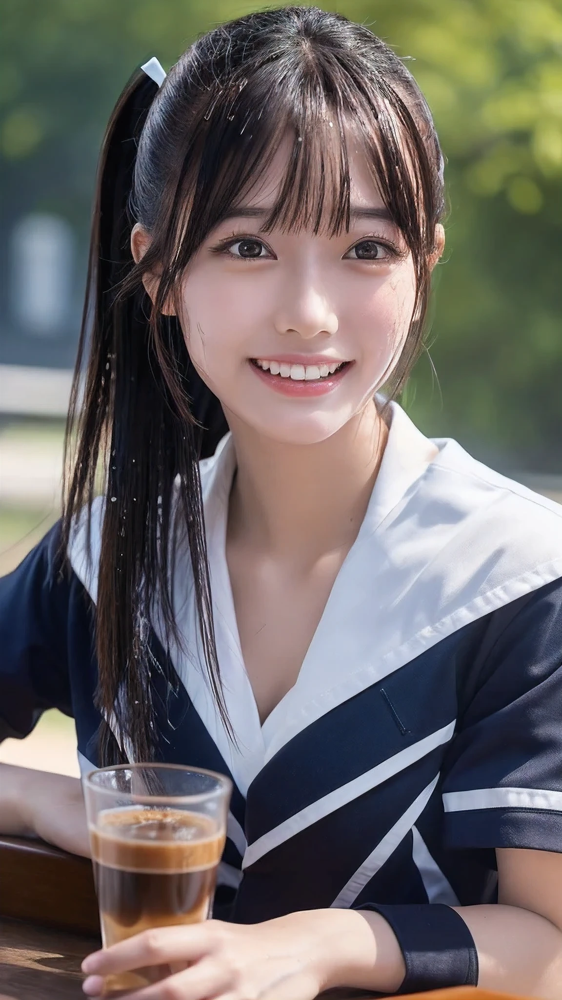 ((masterpiece, Highest quality, High resolution)), 1 Japanese person, (Realistic: 1.4), happiness、smile、Pointed Mouth、Great face,Glossy Lips、, High Ponytail、(Beautiful Hair:1.5), Japanese High School Uniform、Japanese Sailor Suit、Short sleeve、Large Breasts、Cleavage、At the cafe、In front of the table、Sitting on a chair、Holding a glass、Drinking coffee、Detailed and real fingers、Body facing forward、Face to face、Staring、Angle from the front, Smooth, Highly detailed CG composite 8K wallpaper, High resolution RAW color photos, Professional photography, Light, BackLight, dream-like, impressive, Written boundary depth, (Face close-up:1.4)、Sweaty face、Sweaty body、Sweaty clothes、(Wet with sweat:1.3)