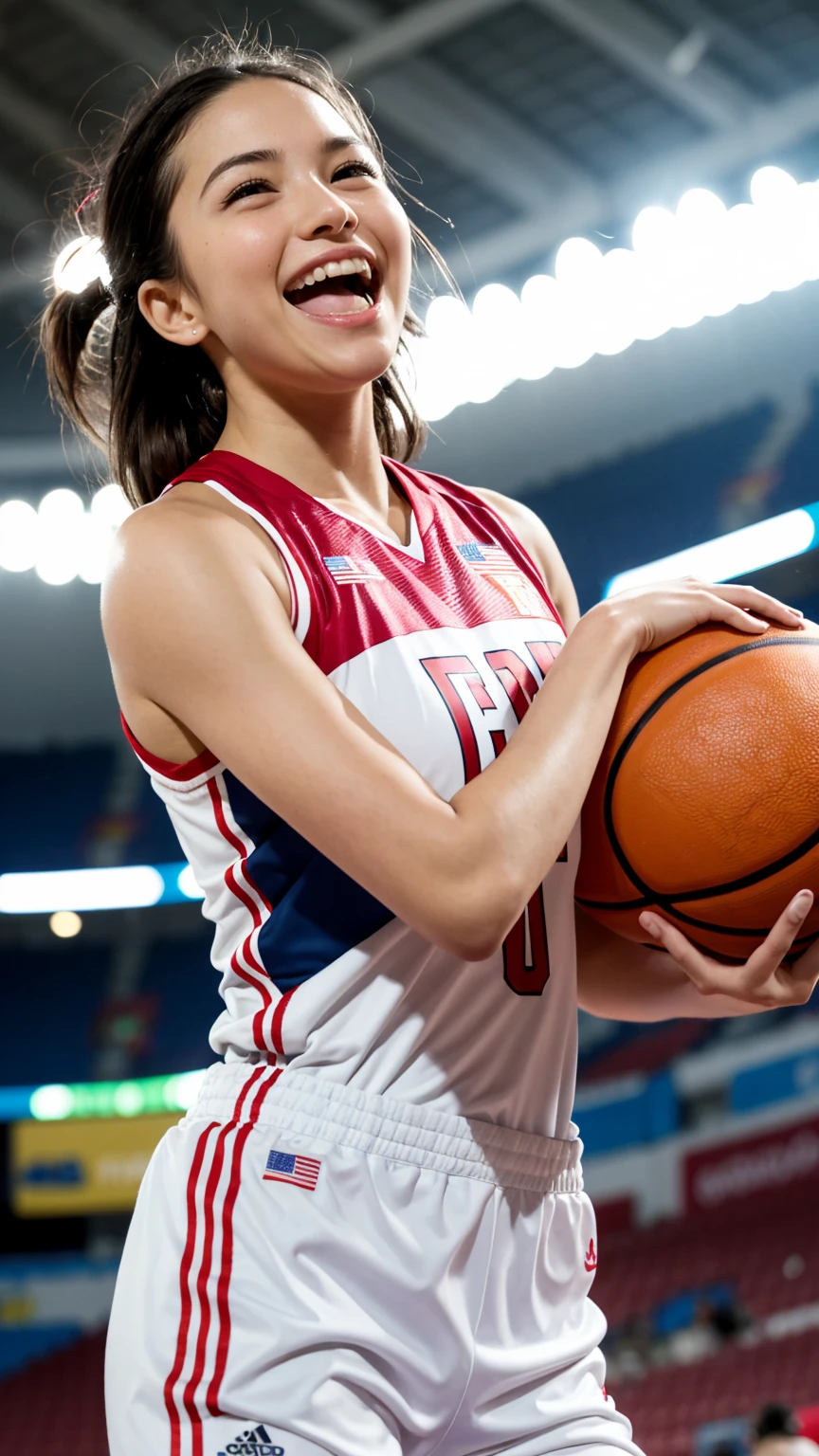 A charismatic female basketball player standing on the court after winning an Olympic game. She's grinning broadly, her face flushed with joy and excitement. She's holding a basketball under one arm, her other arm raised in triumph. Her athletic body is still glistening with sweat from the intense match. She wears a slightly disheveled national team uniform in bold colors. The background shows a celebratory scene with teammates hugging, confetti falling, and ecstatic fans in the stands. Olympic flags and banners are visible in the arena. Photorealistic style, sharp focus on the athlete's beaming face and upper body. The lighting is bright and festive, highlighting her victorious pose and radiant smile. 8k resolution, highly detailed, capturing every nuance of her post-game elation and the electric atmosphere of the moment.