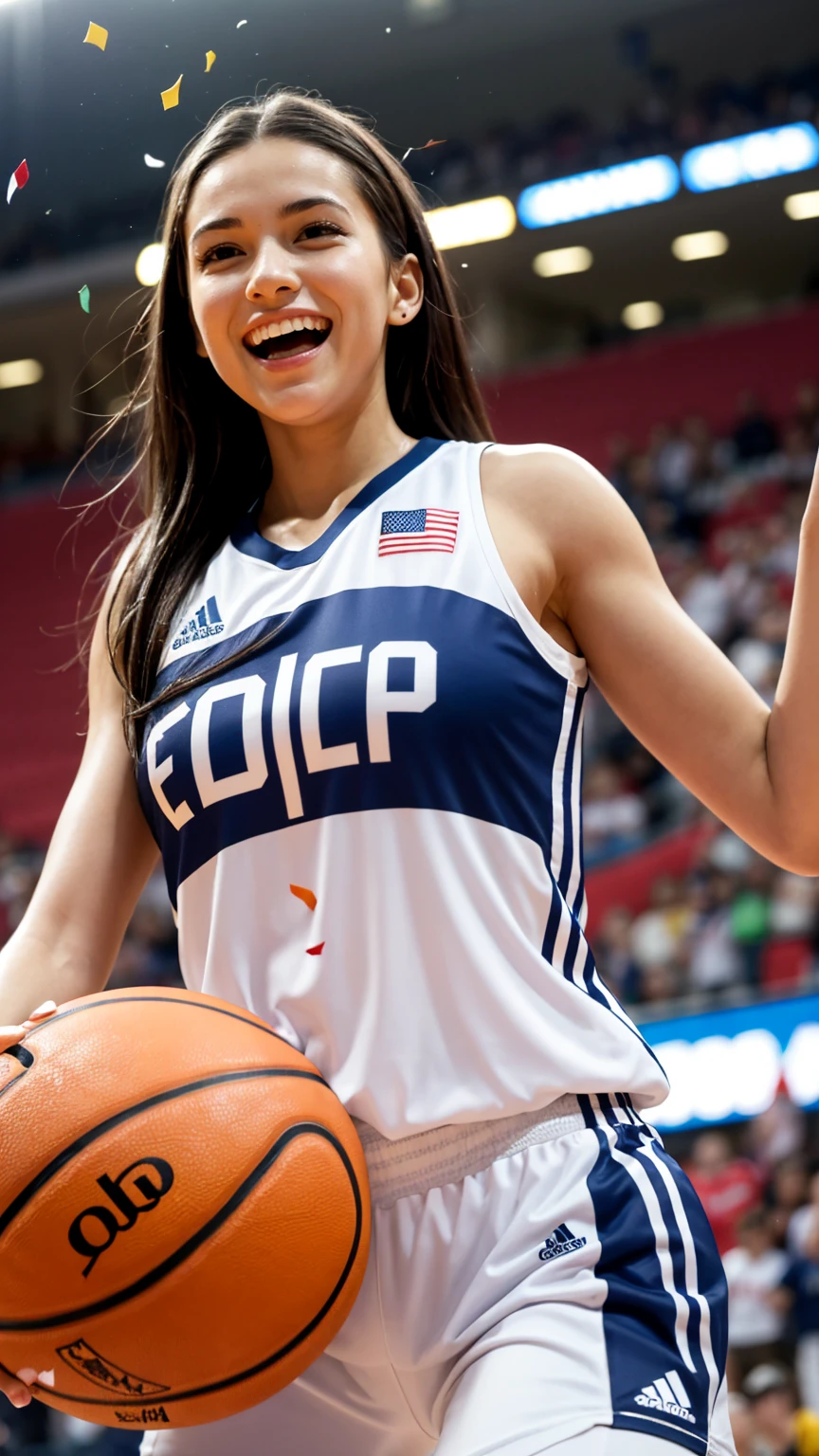 A charismatic female basketball player standing on the court after winning an Olympic game. She's grinning broadly, her face flushed with joy and excitement. She's holding a basketball under one arm, her other arm raised in triumph. Her athletic body is still glistening with sweat from the intense match. She wears a slightly disheveled national team uniform in bold colors. The background shows a celebratory scene with teammates hugging, confetti falling, and ecstatic fans in the stands. Olympic flags and banners are visible in the arena. Photorealistic style, sharp focus on the athlete's beaming face and upper body. The lighting is bright and festive, highlighting her victorious pose and radiant smile. 8k resolution, highly detailed, capturing every nuance of her post-game elation and the electric atmosphere of the moment.