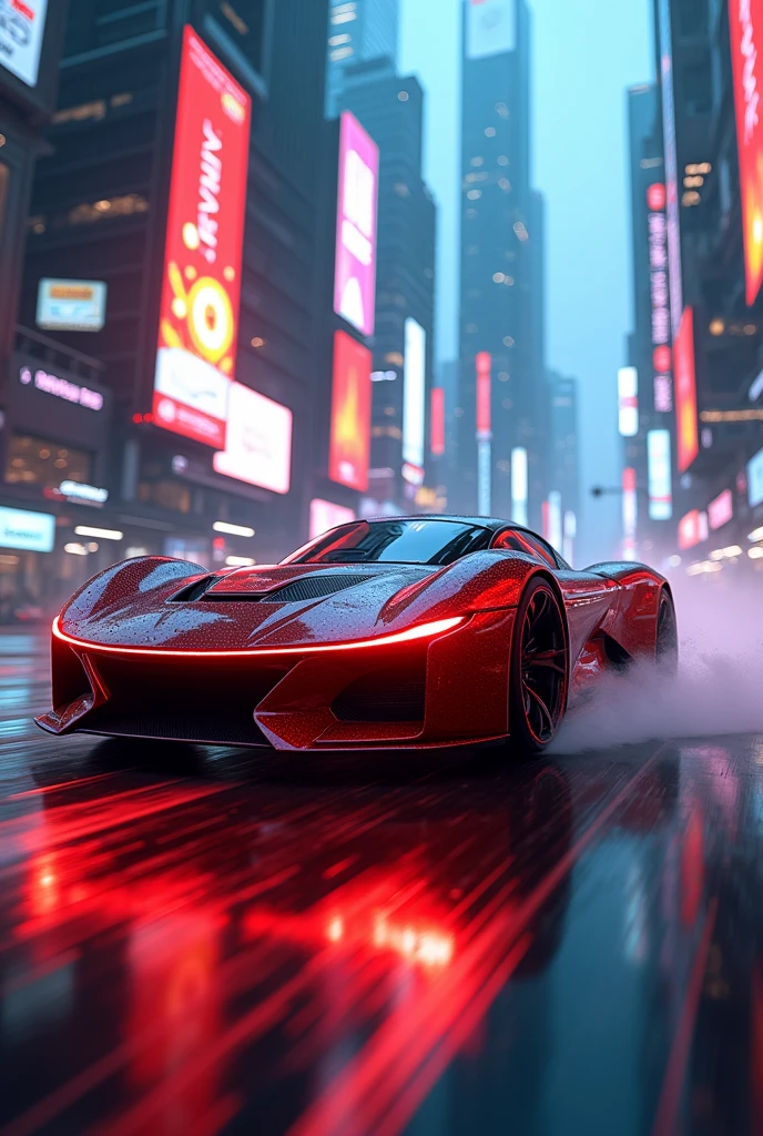 Create a hyper-realistic image of a luxury sports car moving at high speed in a cyberpunk style. The car should be sleek and aerodynamic, painted in a vibrant metallic red color with neon accents that glow. Place the car in a futuristic cityscape with towering skyscrapers, holographic billboards, and neon lights reflecting off the wet streets. Include slight motion blur on the wheels and the road to emphasize speed. The sky should have a dark, moody ambiance with vibrant neon colors, creating a dynamic and exhilarating atmosphere.