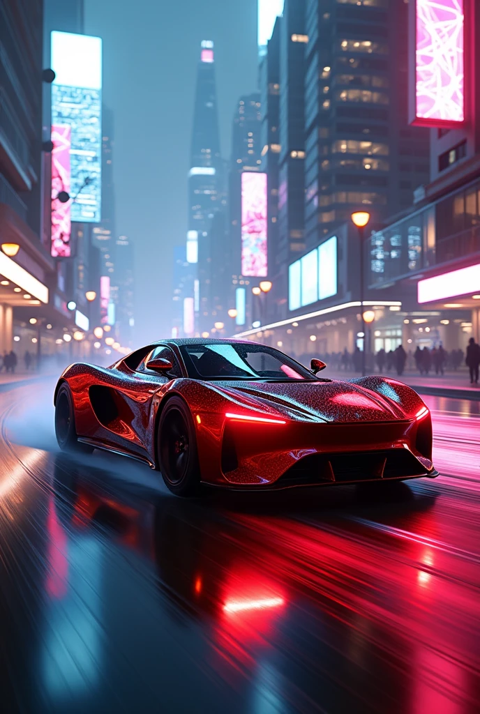 Create a hyper-realistic image of a luxury sports car moving at high speed in a cyberpunk style. The car should be sleek and aerodynamic, painted in a vibrant metallic red color with neon accents that glow. Place the car in a futuristic cityscape with towering skyscrapers, holographic billboards, and neon lights reflecting off the wet streets. Include slight motion blur on the wheels and the road to emphasize speed. The sky should have a dark, moody ambiance with vibrant neon colors, creating a dynamic and exhilarating atmosphere.
