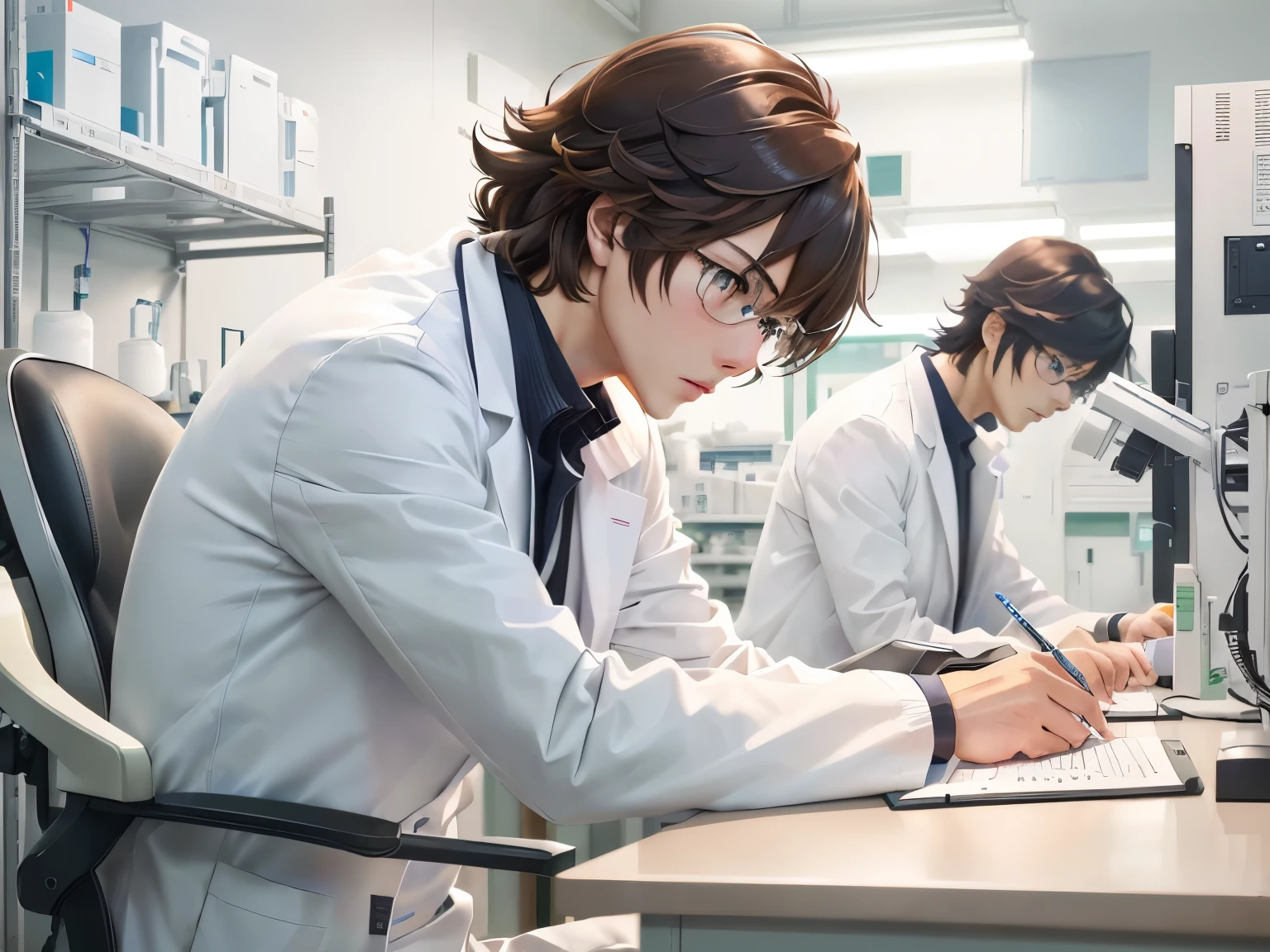 anime character sitting at a desk writing In the laboratory中, In the laboratory中, in a messy laboratory, Laboratory Background, Sitting on the lab bench, The man at home is wearing a white coat., Indoor laboratory scene, Medical Laboratories, In the laboratory中oratory, In research institutes, stood In the laboratory中, Shinkai Makoto Studio, Elite, In the laboratory