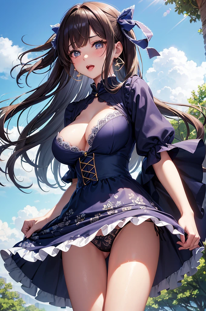 A beautiful girl wearing a navy blue dress posing for a photo, anime girl, in the park, ta style dress with ruffles and lace, (flower printed elegant dress skirt), low-cut chest, blue sky and white clouds, windy day, white stockings above the knee, (looking at the viewer), big rounds breasts, dark brown hair, long bangs, long hair, wavy hair, shiny hair, expressive hair, hair flower, hair ribbon, jewelry, aqua eyes, glowing eyes, pupils sparkling, earrings, open mouth, blush, tongue, happy, red lips, glossy lips, upper teeth, naughty face, big rounds breasts, slim waist, beautiful and detailed legs, cute thighs, full body, well defined body, fine lace panties, (showing elegant panties:1.4), exposed panties, skirt lift, upskirt, wind blowing up dress skirt, high detail, ultra-detailed, anime, dithering, beautiful illustration, depth of field, pov, low angle, from below, perspective, panorama, game cg, NSFW, Wide-Angle, f/1.8, 85mm, Sony FE GM, 8k, super detail, UHD, retina, masterpiece, accurate, anatomically correct, textured skin, highres, 16k