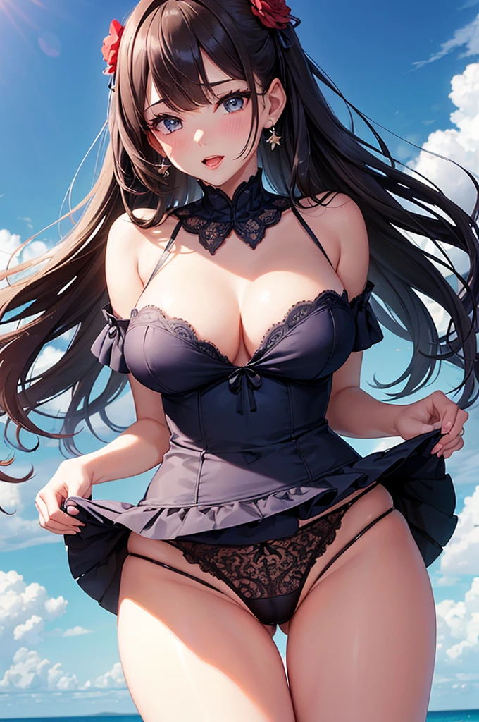 A beautiful girl wearing a navy blue dress posing for a photo, anime girl, in the park, ta style dress with ruffles and lace, (flower printed elegant dress skirt), low-cut chest, blue sky and white clouds, windy day, white stockings above the knee, (looking at the viewer), big rounds breasts, dark brown hair, long bangs, long hair, wavy hair, shiny hair, expressive hair, hair flower, hair ribbon, jewelry, aqua eyes, glowing eyes, pupils sparkling, earrings, open mouth, blush, tongue, happy, red lips, glossy lips, upper teeth, naughty face, big rounds breasts, slim waist, beautiful and detailed legs, cute thighs, full body, well defined body, fine lace panties, (showing elegant panties:1.4), exposed panties, skirt lift, upskirt, wind blowing up dress skirt, high detail, ultra-detailed, anime, dithering, beautiful illustration, depth of field, pov, low angle, from below, perspective, panorama, game cg, NSFW, Wide-Angle, f/1.8, 85mm, Sony FE GM, 8k, super detail, UHD, retina, masterpiece, accurate, anatomically correct, textured skin, highres, 16k