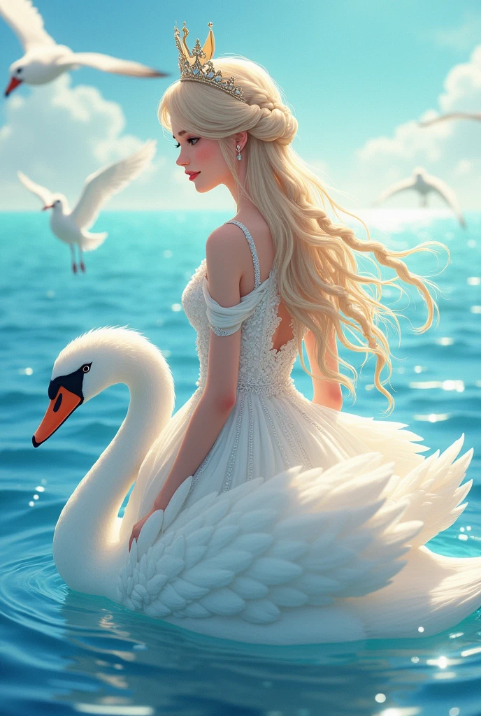 ,((best qualityer))),8k,((work of art)),(Extremely refined and beautiful), (best quality anime artstyle), there is a girl coming out of the sea, a swan princess in Russian mythology, beautiful calm face, blue colored eyes, long braided blonde hair, the moon braided hair at the back of the head, bright white Russian clothes with a Kokoshnik crown on the head, affectionate eyes, half smile, a gentle expression on your face, seascape and sunlight in the background, Seagulls in the sky, Full length, Reality