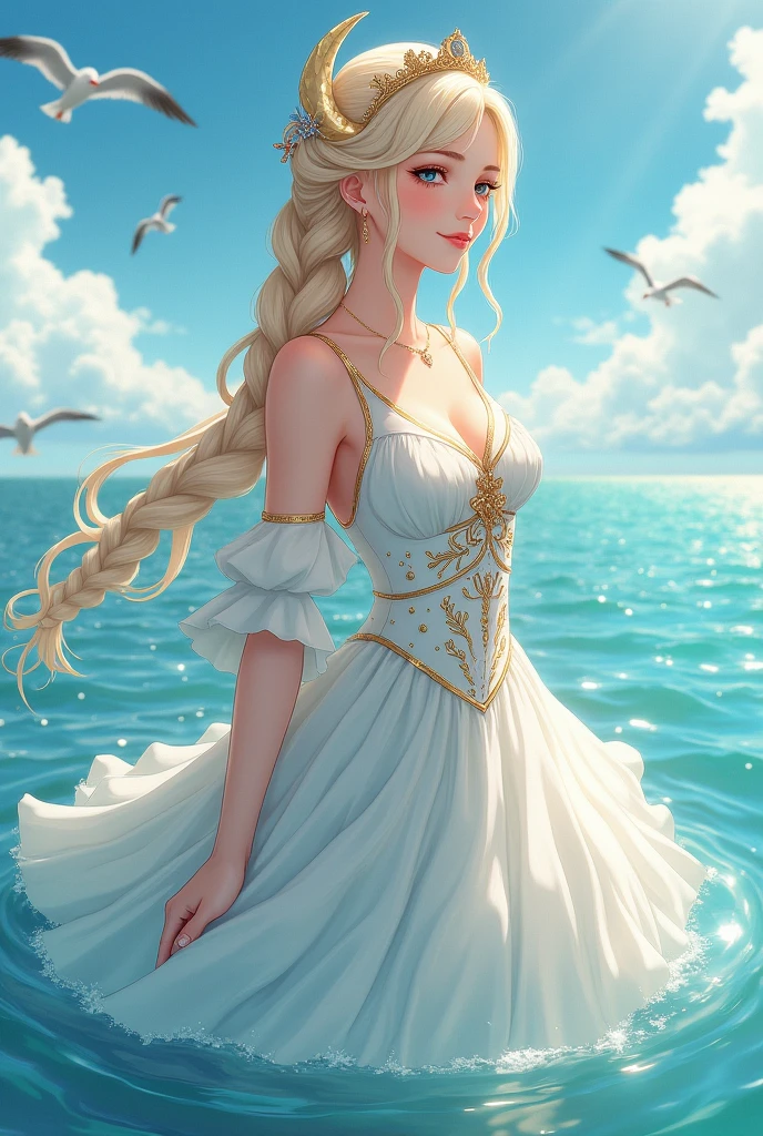 ,((best qualityer))),8k,((work of art)),(Extremely refined and beautiful), (best quality anime artstyle), there is a girl coming out of the sea, a swan princess in Russian mythology, beautiful calm face, blue colored eyes, long braided blonde hair, the moon braided hair at the back of the head, bright white Russian clothes with a Kokoshnik crown on the head, affectionate eyes, half smile, a gentle expression on your face, seascape and sunlight in the background, Seagulls in the sky, Full length, Reality