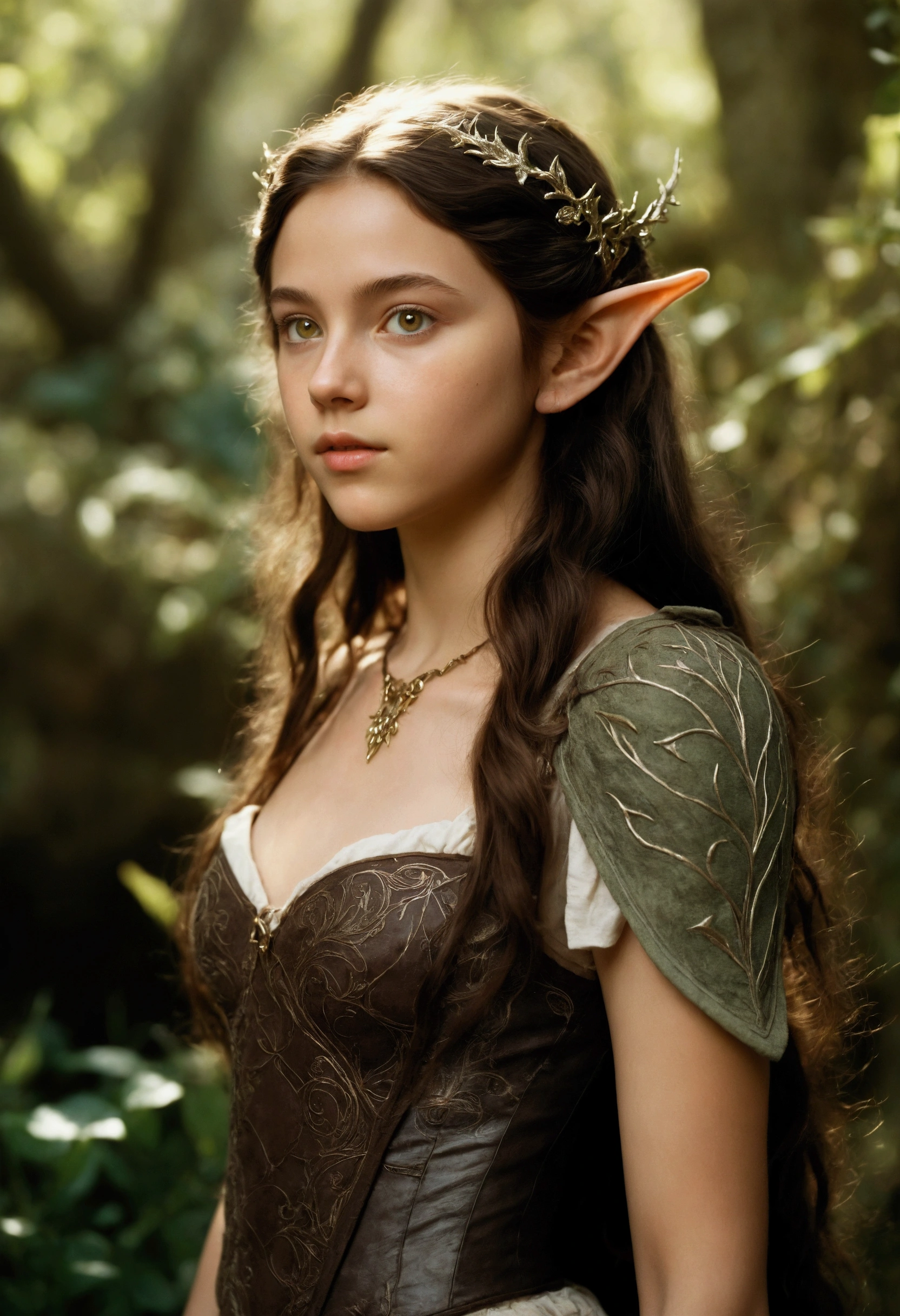 analog film photo, photo of a young elven girl, 18 years old, elf ears, amber eyes, dark brown hair, long messy waves, sun-tanned complexion, olive skintone, slender hourglass figure, narrow waist, full hips, plump buttocks, wearing elven lingerie, resembles Mackenzie Foy, strolling through a fantasy landscape, RAW Photograph, dslr, soft lighting, high quality, film grain, Fujifilm XT3, detailed skin with visible pores, insane details, masterpiece, 8k, 35mm photograph, dslr, kodachrome, faded film, desaturated, grainy, vintage, Lomography, stained, highly detailed, found footage, close-up shot, elven ears