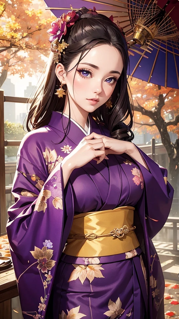 a woman in a purple long-sleeve kimono,beautiful detailed eyes,beautiful detailed lips,extremely detailed eyes and face,longeyelashes,woman in japanese hairstyle,autumn leaves,autumn flowers,autumn plants,art nouveau style,fresh gold background,vibrant colors,detailed foliage,detailed kimono,dramatic lighting,magical realism,digital painting,ultra-detailed,8k,photorealistic,professional,stunning