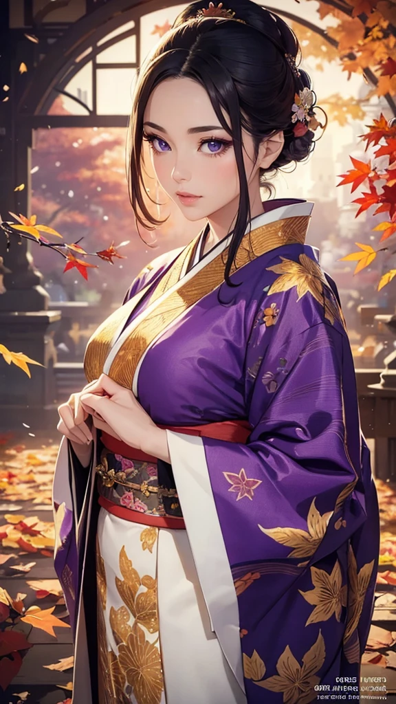 a woman in a purple long-sleeve kimono,beautiful detailed eyes,beautiful detailed lips,extremely detailed eyes and face,longeyelashes,woman in japanese hairstyle,autumn leaves,autumn flowers,autumn plants,art nouveau style,fresh gold background,vibrant colors,detailed foliage,detailed kimono,dramatic lighting,magical realism,digital painting,ultra-detailed,8k,photorealistic,professional,stunning