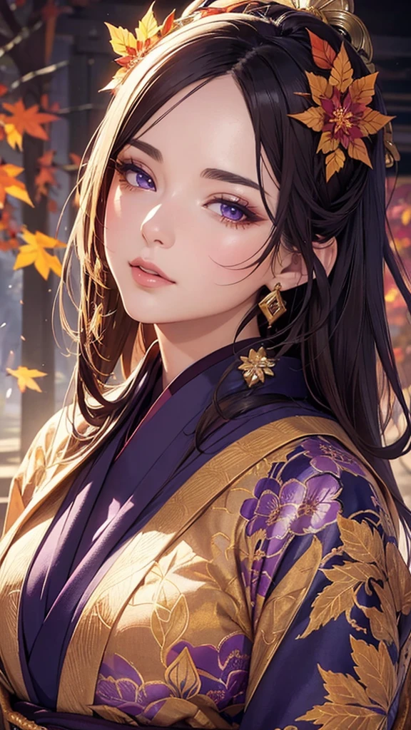 a woman in a purple long-sleeve kimono,beautiful detailed eyes,beautiful detailed lips,extremely detailed eyes and face,longeyelashes,woman in japanese hairstyle,autumn leaves,autumn flowers,autumn plants,art nouveau style,fresh gold background,vibrant colors,detailed foliage,detailed kimono,dramatic lighting,magical realism,digital painting,ultra-detailed,8k,photorealistic,professional,stunning