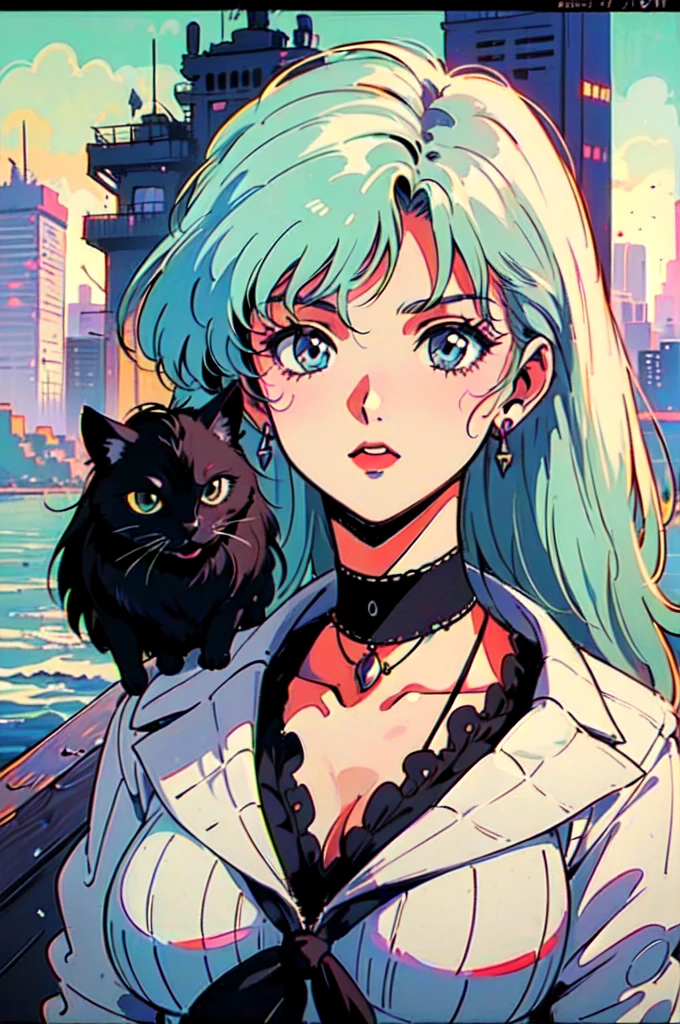 (80's, retro, city pop poster:1.5), (album cover), (masterpiece, best quality, intricate detail), (anime, illustration), (pastel colors:1.3), best photo pose, pirates of the Caribbean scene with girl on sail ship , cute, black cat , with eye patch , hot , cleavage , pirates logo