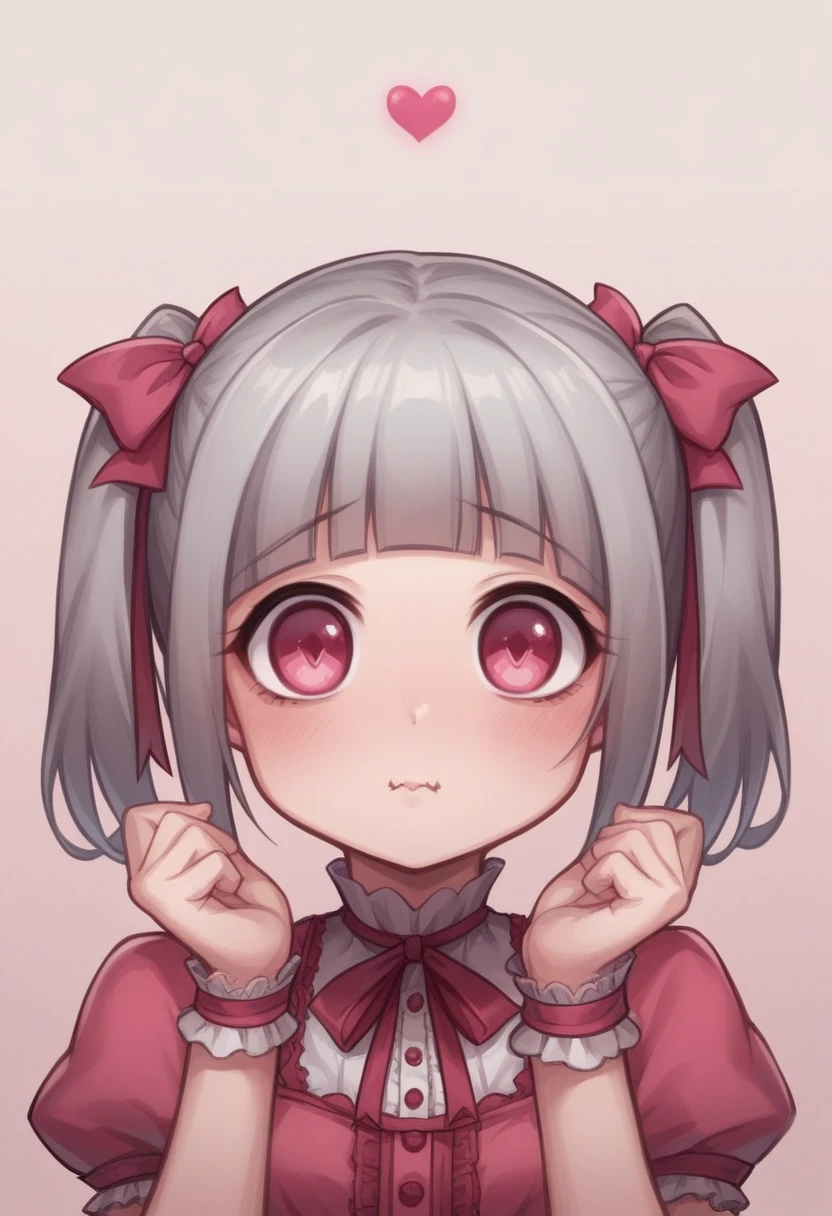 sweet ta fashion, kawaii, cute, very cute, pink, ribbon, devil, Gray Hair, Pink Eyes, girl, danger, cruel, heart, ツインテール, Silky Hair, Devil girl, Mean, The Best Devil Girl, Hair that sparkles, Pink clothes, pink ornament, Anatomically correct body, Soft skin, Pink Devil's Horn, Silky Hair, with thick twin tails, かわいい, most kawaii, cutest, devil, Eyes that seem to be sucked in, Winner of numerous awards, Blunt cut hair, ストレートのツインテール, Natural Light、Realistic texture, Masterpiece、devil